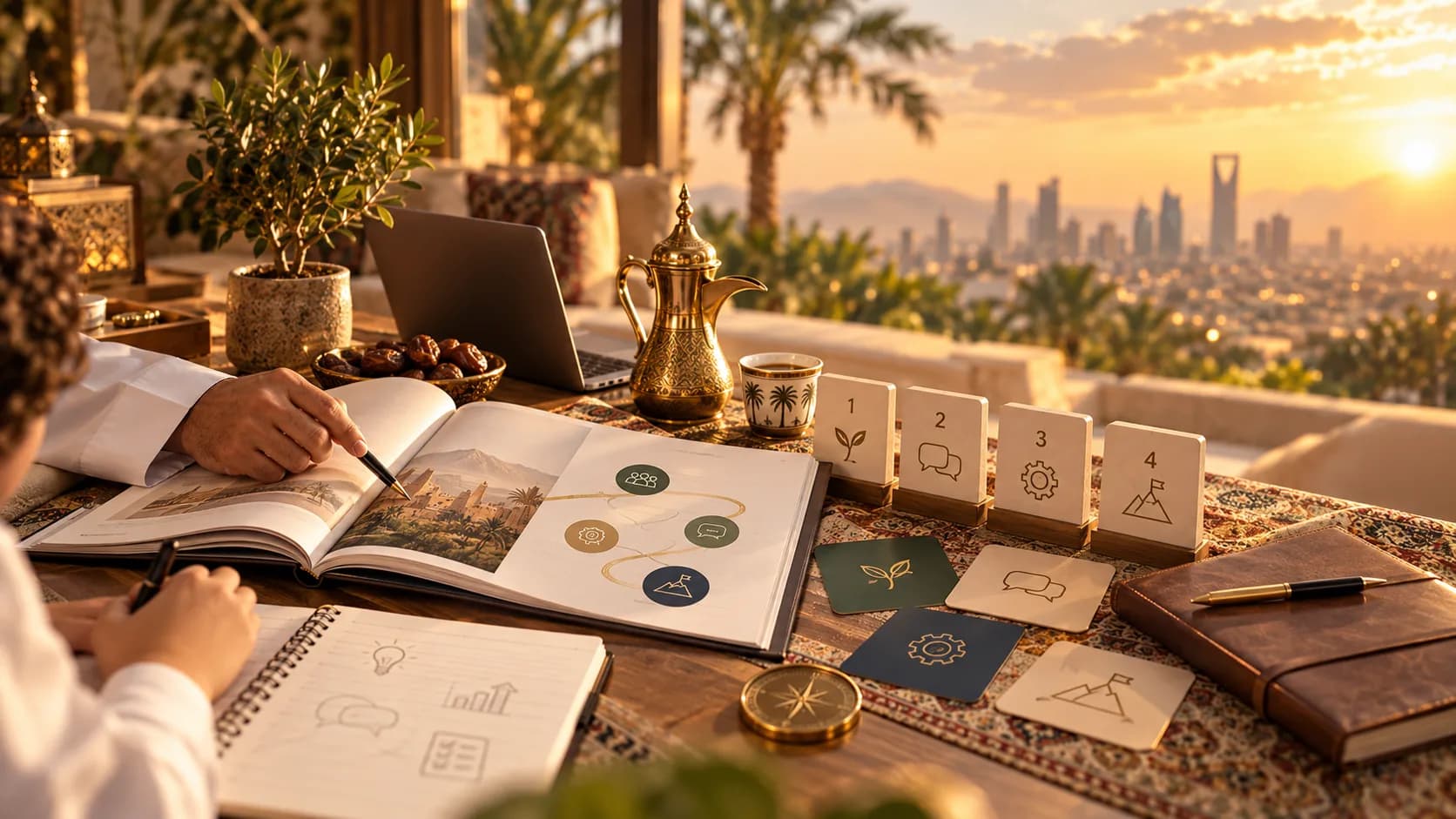 مكتب البرنامج التدريبي مع دفتر وبطاقات الأيام الأربعة