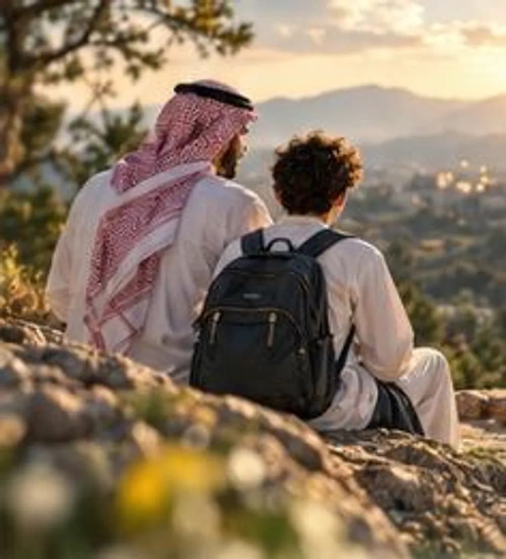 أب وابنه يجلسان على الصخور ويتأملان الجبال عند غروب الشمس