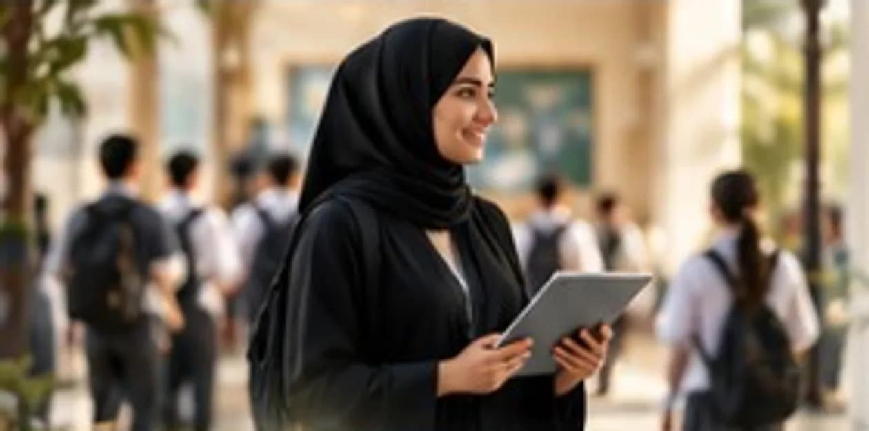 مرشدة تربوية تحمل جهازًا لوحيًا في ساحة المدرسة